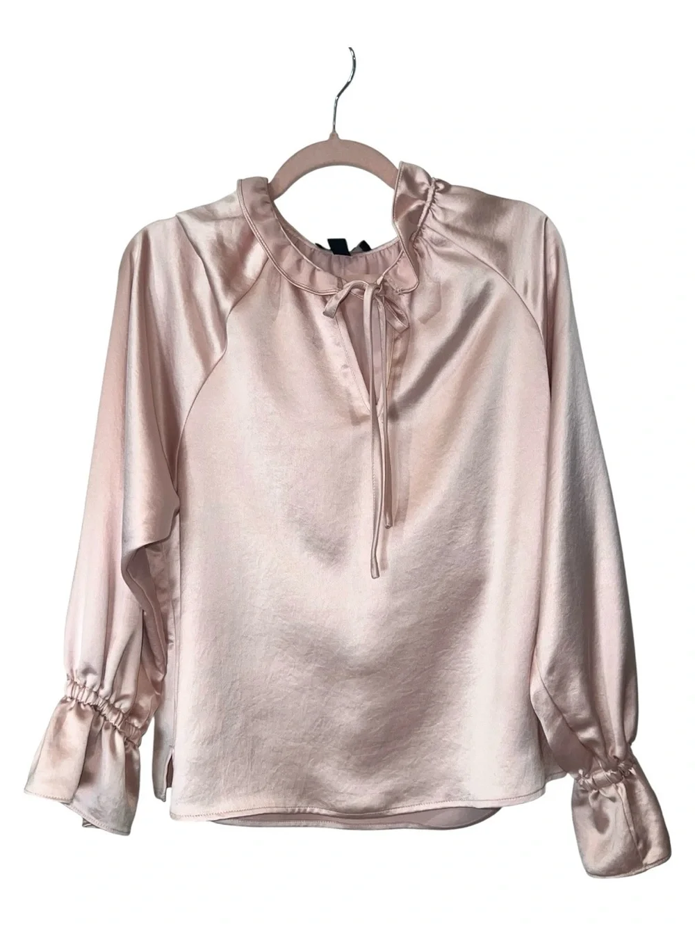 Fifteen Twenty Pink Ruffle Peasant Satin Blouse Top M Tie Neck Long Sleeve EUC - Picture 1 of 7